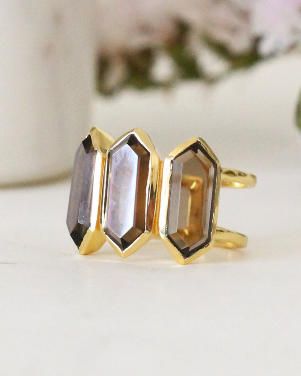 Anillo Triple Cuarzo Ahumado