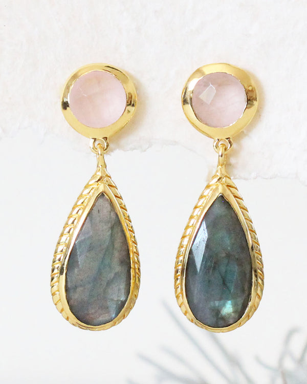 Aretes Piedra Labradorita y Cuarzo Rosa