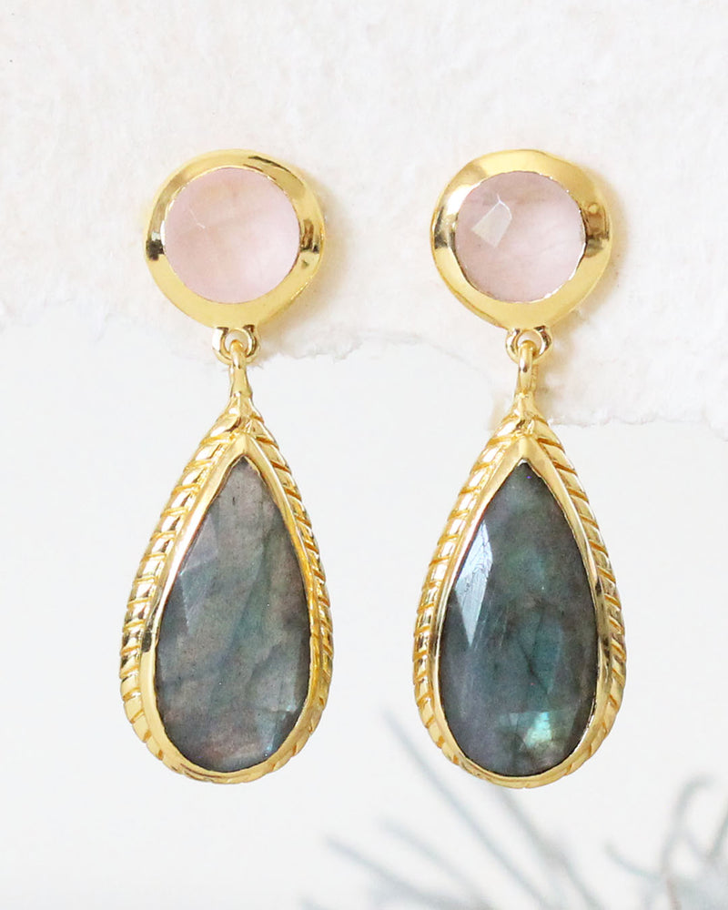 Aretes Piedra Labradorita y Cuarzo Rosa