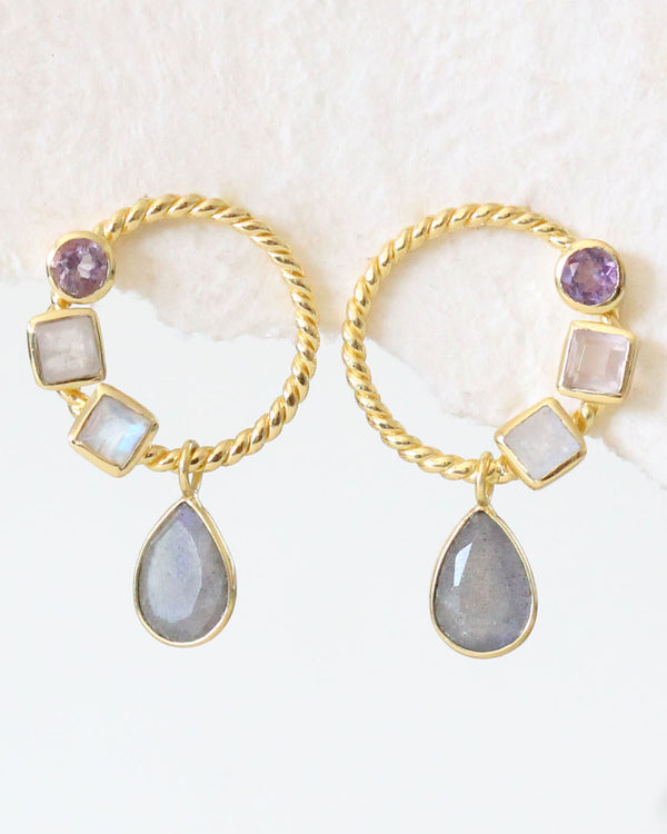 Aretes Circulo Piedra Colgando TIGER EYE / CITRINE / PEACH MOONSTONE / STRAWBERRY QUARTZ / MORGANITE HYDRO - Pcs 24