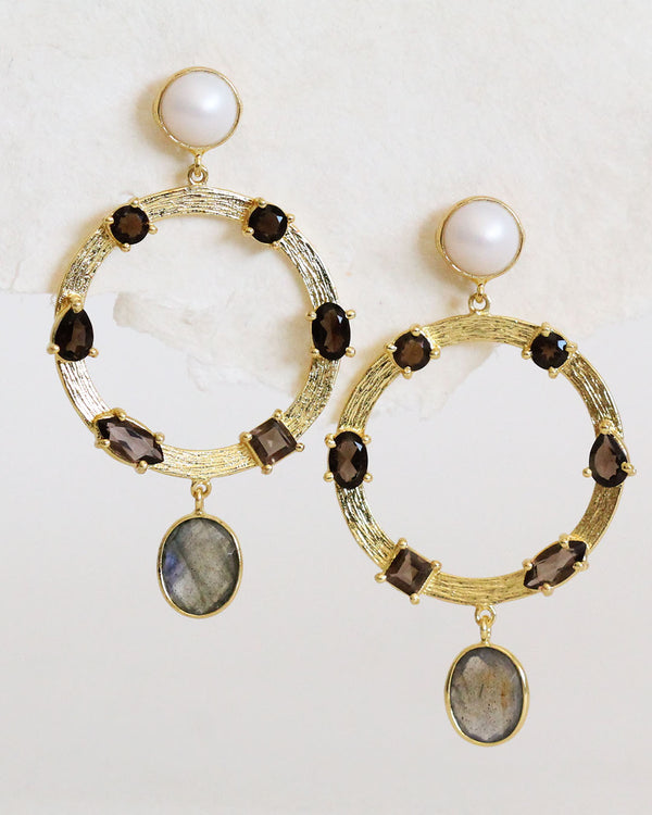 Aretes Perla , Smoky Quartz y Labradorita