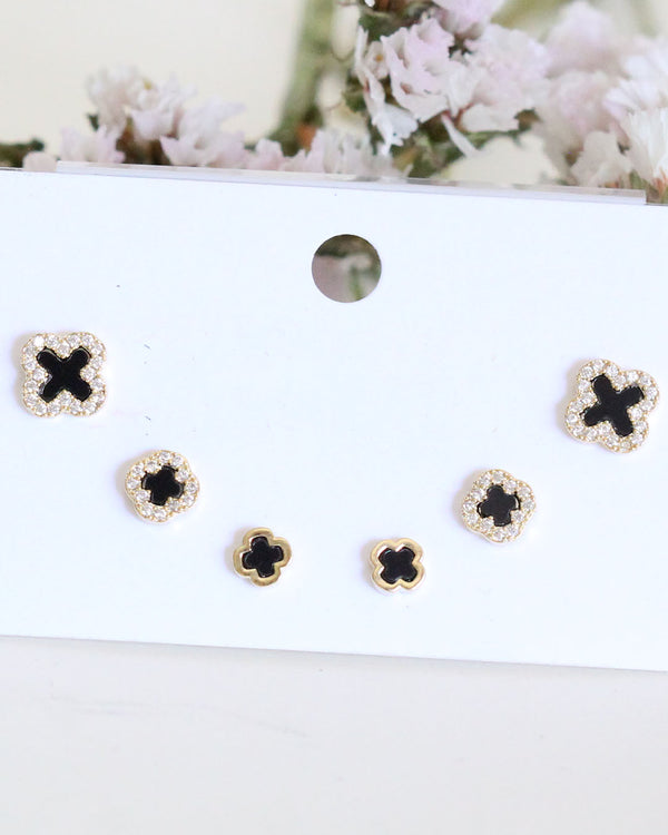 Set Aretes Trebol Negro Zirconias