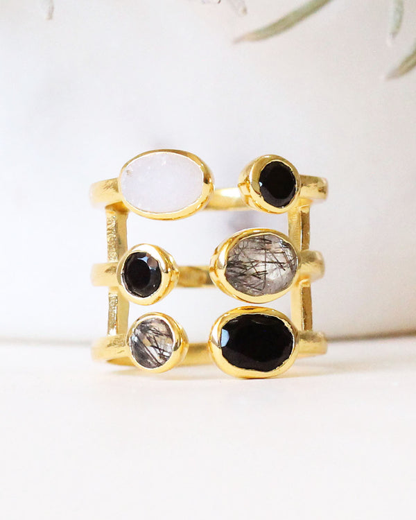 Anillo WHITE SUGAR DRUSSY / BLACK ONYX / BLACK ONYX / BLACK RUTILATED