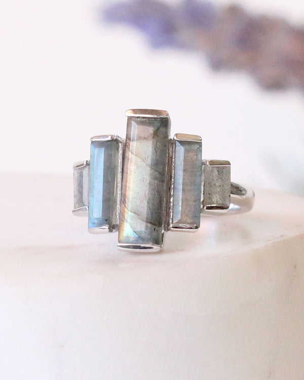 Anillo Rombos Labradorita Plateado