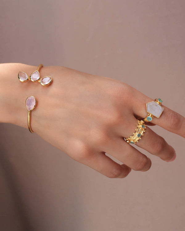 Pulsera y anillos con piedras naturales en chapa de oro Pink Revolver