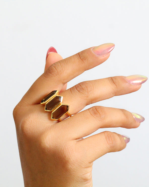 Anillo Triple Cuarzo Ahumado