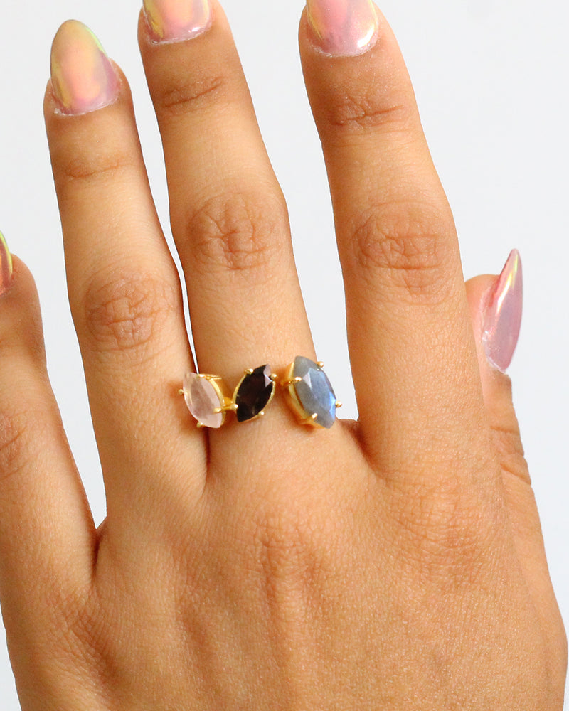 Anillo Triple ROSE QUARTZ / SMOKY / LABRADORITE